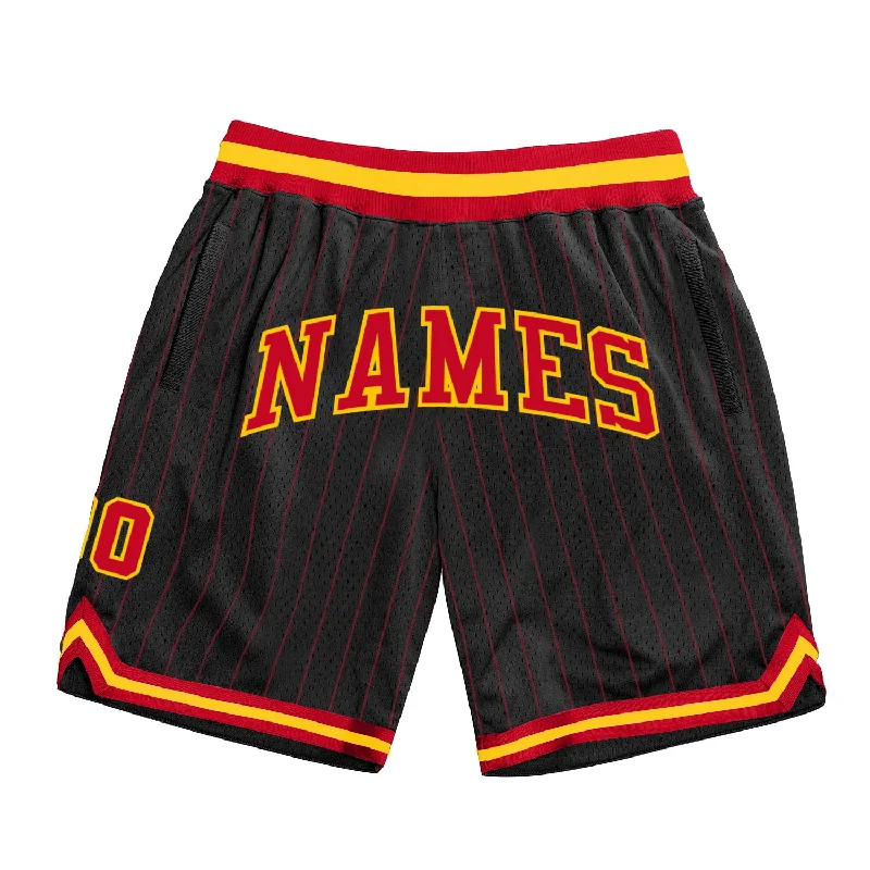 Men's basketball shorts fast-dry collection -Custom Black Red Pinstripe Red-Gold Authentic Basketball Shorts