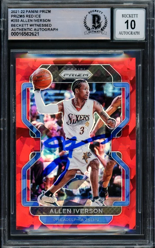 Basketball cards expert-rarity -Allen Iverson Autographed 2021-22 Panini Prizm Prizms Red Ice Card #255 Philadelphia 76ers Auto Grade Gem Mint 10 Beckett BAS Witnessed