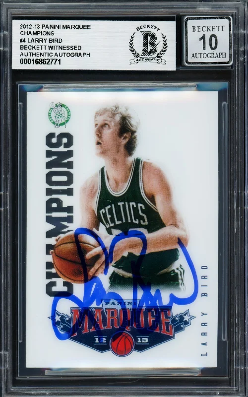 Basketball cards lottery-rarity -Larry Bird Autographed 2012-13 Panini Marquee Champions Card #4 Card Boston Celtics Auto Grade Gem Mint 10 Beckett BAS Witness