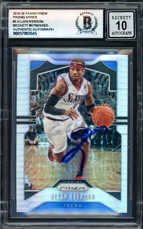 Basketball cards award-nominee-rarity -Allen Iverson Autographed 2019-20 Panini Prizm Prizms Hyper Card #6 Philadelphia 76ers Auto Grade Gem Mint 10 Beckett BAS Witness #17003545