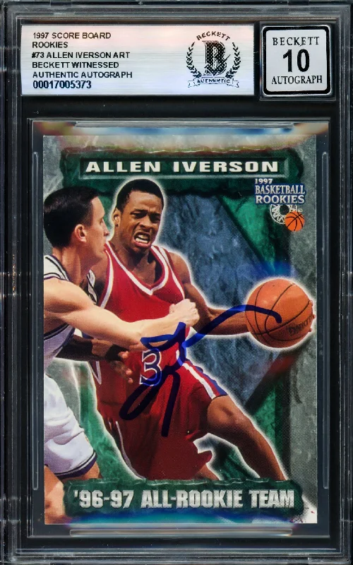 Basketball cards rare-chase -Allen Iverson Autographed 1997 Score Board Rookies Rookie Card #73 Card Philadelphia 76ers Auto Grade Gem Mint 10 Beckett BAS Witness