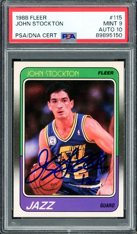 Basketball cards milestone-rarity -John Stockton Autographed 1988-89 Fleer Rookie Card #115 Utah Jazz PSA 9 Auto Grade Gem Mint 10 PSA/DNA #89895150