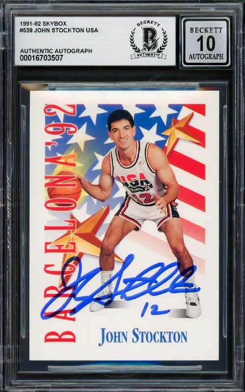 Basketball cards nostalgic-rarity -John Stockton Autographed 1991-92 Skybox Card #539 USA Dream Team Auto Grade Gem Mint 10 Beckett BAS #16703507