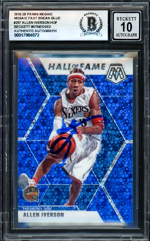 Basketball cards global-rarity -Allen Iverson Autographed 2019-20 Panini Mosaic Fast Break Blue Card #287 Philadelphia 76ers Auto Grade Gem Mint 10 #22/85 Beckett BAS Witness #17004072