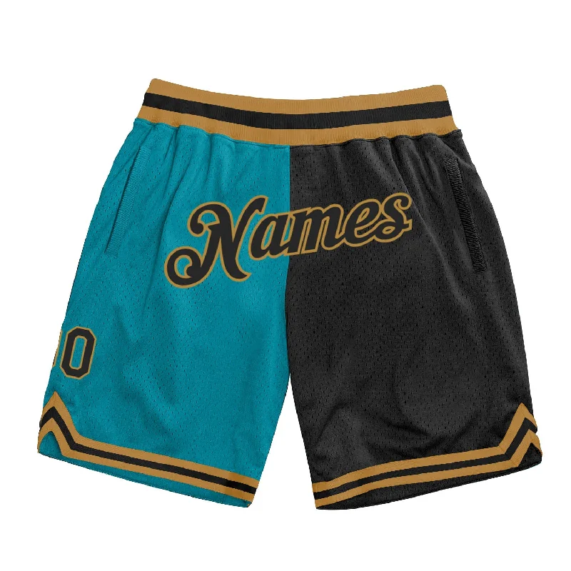 Men's basketball shorts team ensemble -Custom Teal Black-Old Gold Authentic Throwback Split Fashion Basketball Shorts