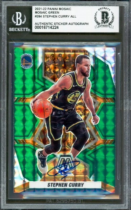 Basketball cards comeback-rarity -Stephen Curry Autographed 2021-22 Panini Mosaic Green Prizm Card #284 Golden State Warriors Beckett BAS #16714224