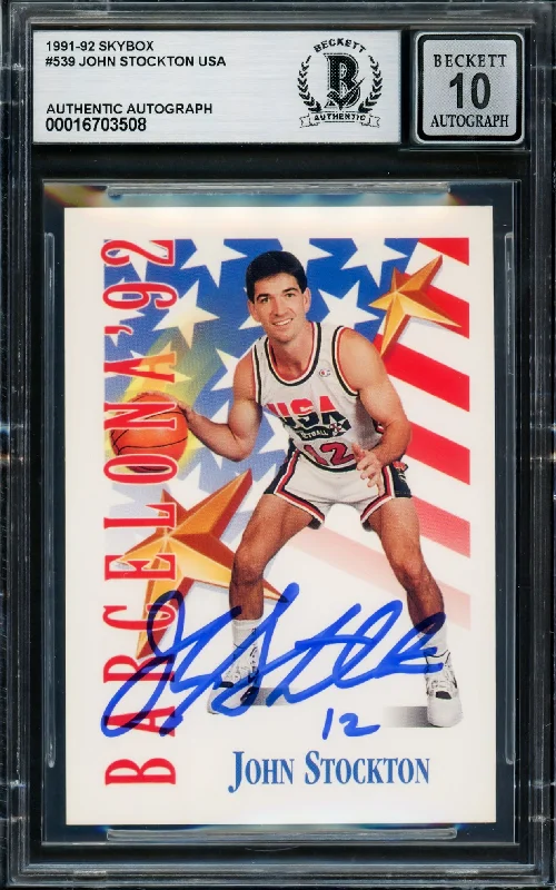 Basketball cards innovation-rare -John Stockton Autographed 1991-92 Skybox Card #539 USA Dream Team Auto Grade Gem Mint 10 Beckett BAS #16703508