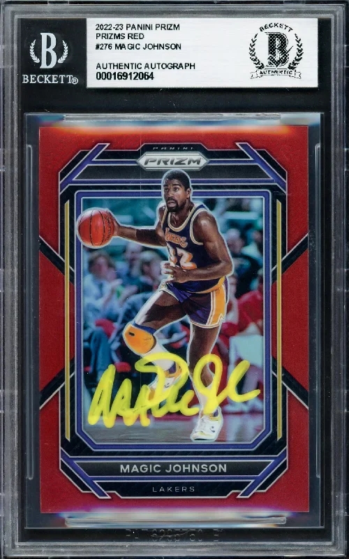 Basketball cards ungraded-classic -Magic Johnson Autographed 2022-23 Panini Prizm Prizms Red Card #276 Card Los Angeles Lakers #/299 Beckett BAS