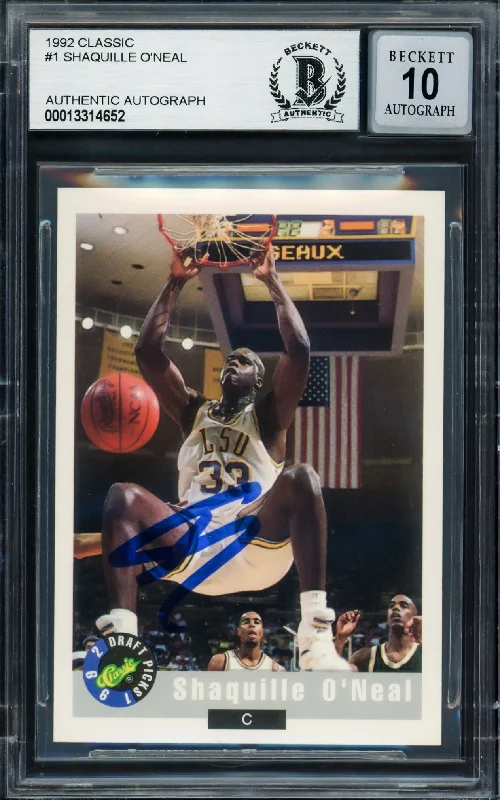 Basketball cards error-rarity -Shaquille Shaq O'Neal Autographed 1992-93 Classic Rookie Card #1 LSU Tigers Auto Grade Gem Mint 10 Beckett BAS Stock #220145