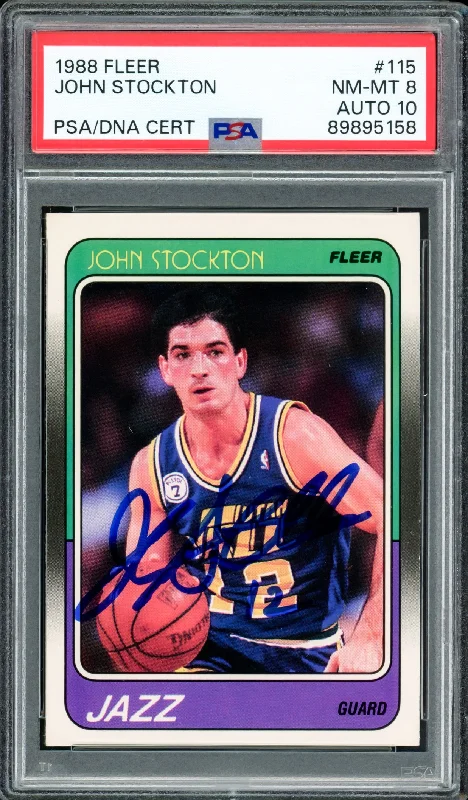 Basketball cards scoring-rare -John Stockton Autographed 1988-89 Fleer Rookie Card #115 Utah Jazz PSA 8 Auto Grade Gem Mint 10 PSA/DNA #89895158