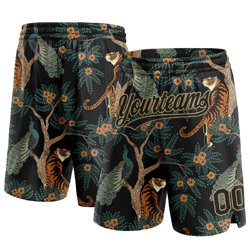 Men's basketball shorts official apparel -Custom Black Old Gold 3D Pattern 3D Pattern Design Tiger And Peacock Authentic Basketball Shorts