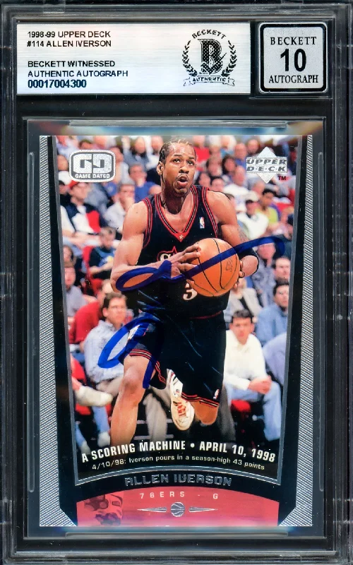 Basketball cards rookie-rarity -Allen Iverson Autographed 1998-99 Upper Deck Card #114 Philadelphia 76ers Auto Grade Gem Mint 10 Beckett BAS Witness #17004300