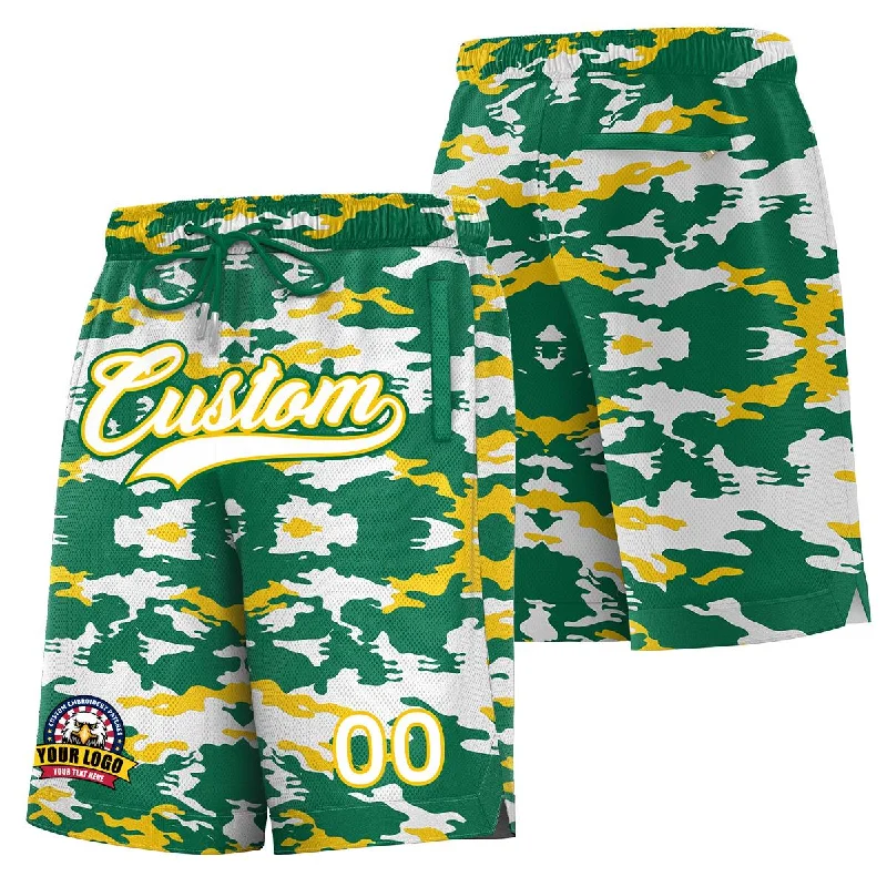 Men's basketball shorts fan favorite -Custom Green White Gold Camo Basketball Shorts