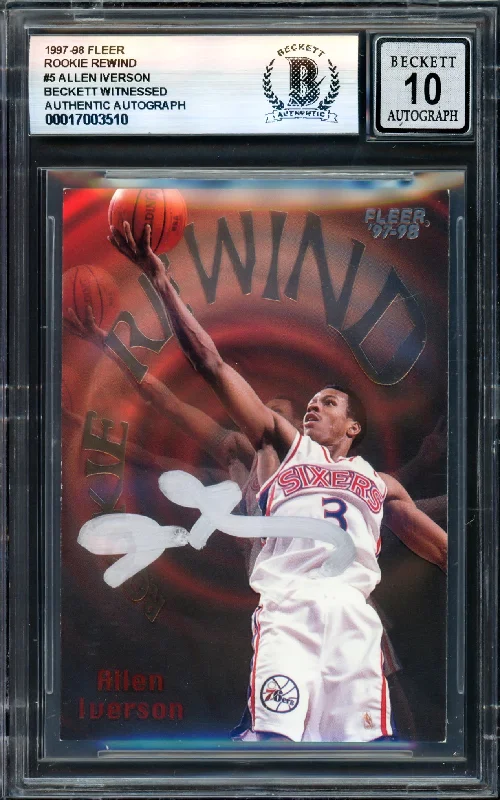 Basketball cards rookie-class-rarity -Allen Iverson Autographed 1997-98 Fleer Rookie Rewind Card #5 Philadelphia 76ers Auto Grade Gem Mint 10 Beckett BAS Witness #17003510