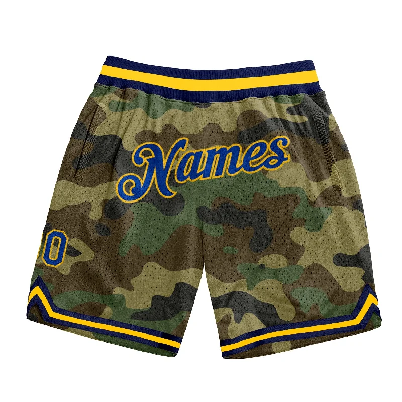 Men's basketball shorts affordable apparel -Custom Camo Royal-Gold Authentic Salute To Service Basketball Shorts