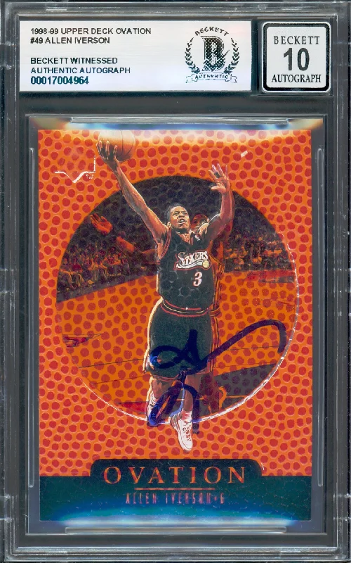 Basketball cards diamond-rarity -Allen Iverson Autographed 1998-99 Upper Deck Ovation Card #49 Card Philadelphia 76ers Auto Grade Gem Mint 10 Beckett BAS Witness