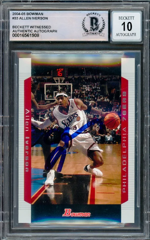 Basketball cards verified-rarity -Allen Iverson Autographed 2004-05 Bowman Card #33 Philadelphia 76ers Auto Grade Gem Mint 10 Beckett BAS Witnessed #16561908