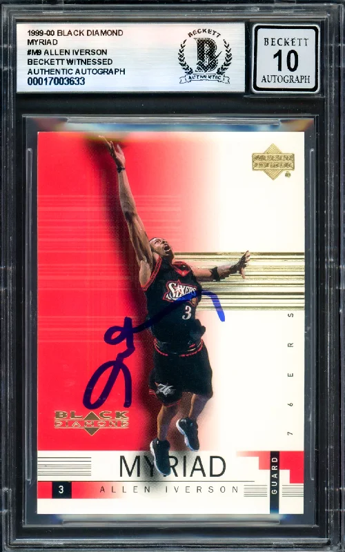 Basketball cards short-rare -Allen Iverson Autographed 1999-00 Black Diamond Myriad Card #M9 Philadelphia 76ers Auto Grade Gem Mint 10 Beckett BAS Witness #17003633