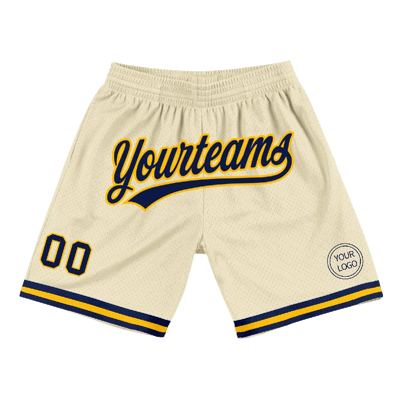 Men's basketball shorts custom pattern -Custom Cream Navy-Gold Authentic Throwback Basketball Shorts