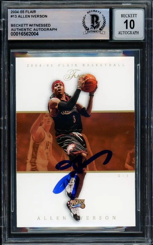 Basketball cards unlicensed-rarity -Allen Iverson Autographed 2004-05 Flair Card #13 Philadelphia 76ers Auto Grade Gem Mint 10 Beckett BAS Witnessed #16562004