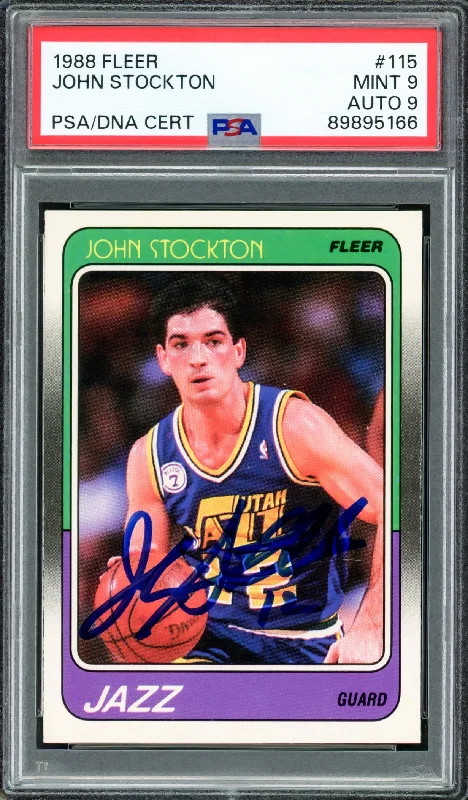 Basketball cards youth-rarity -John Stockton Autographed 1988-89 Fleer Rookie Card #115 Utah Jazz PSA 9 Auto Grade Mint 9 PSA/DNA #89895166