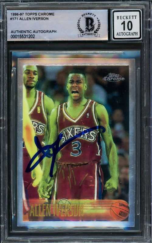 Basketball cards premium-rarity -Allen Iverson Autographed 1996-97 Topps Chrome Rookie Card #171 Philadelphia 76ers Auto Grade Gem Mint 10 Beckett BAS Stock #220171