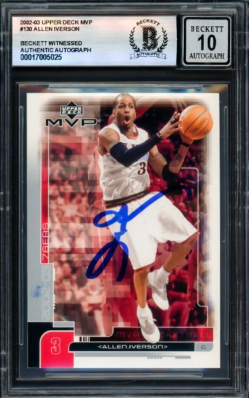 Basketball cards matte-finish -Allen Iverson Autographed 2002-03 Upper Deck MVP Card #130 Card Philadelphia 76ers Auto Grade Gem Mint 10 Beckett BAS Witness