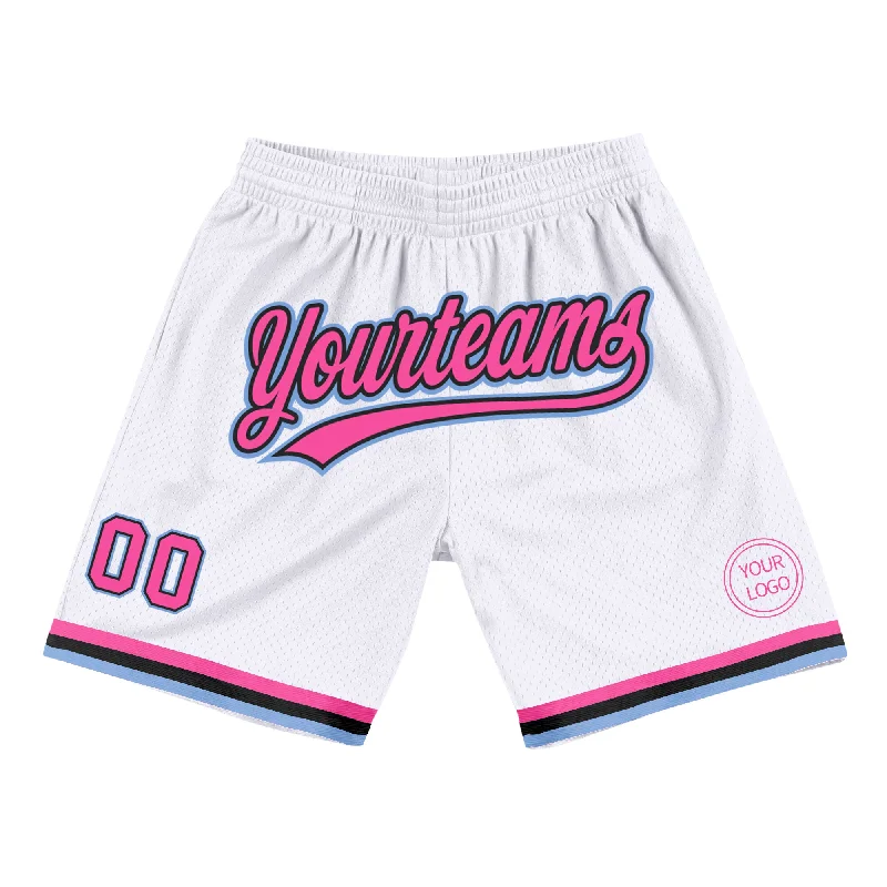 Men's basketball shorts tough build -Custom White Pink Black-Light Blue Authentic Throwback Basketball Shorts