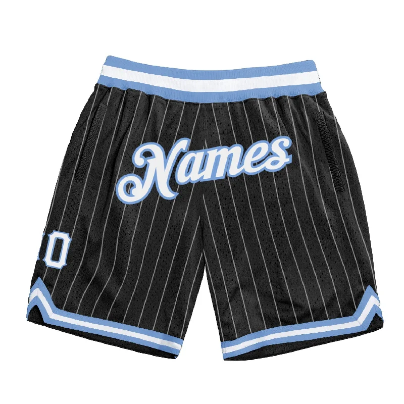 Men's basketball shorts affordable apparel -Custom Black White Pinstripe White-Light Blue Authentic Basketball Shorts