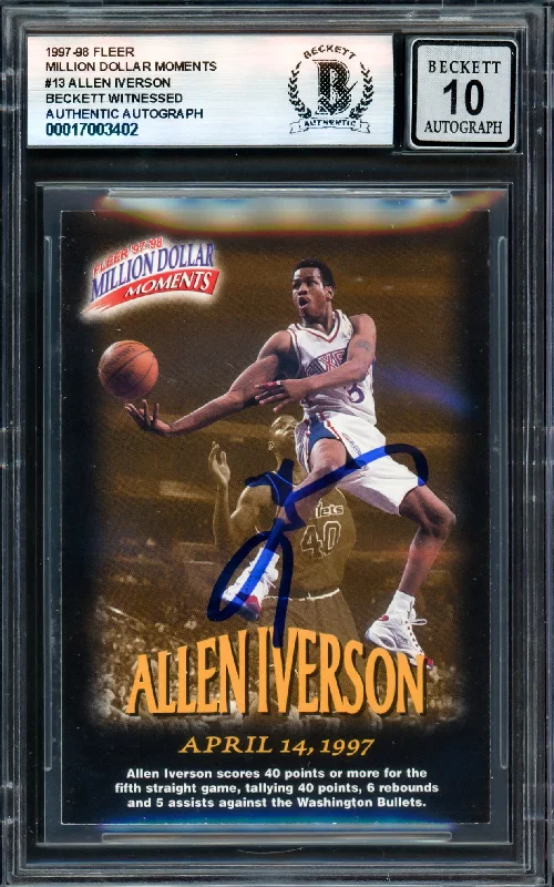 Basketball cards all-defense-rare -Allen Iverson Autographed 1997-98 Fleer Million Dollar Moments Card #13 Philadelphia 76ers Auto Grade Gem Mint 10 Beckett BAS Witness #17003402