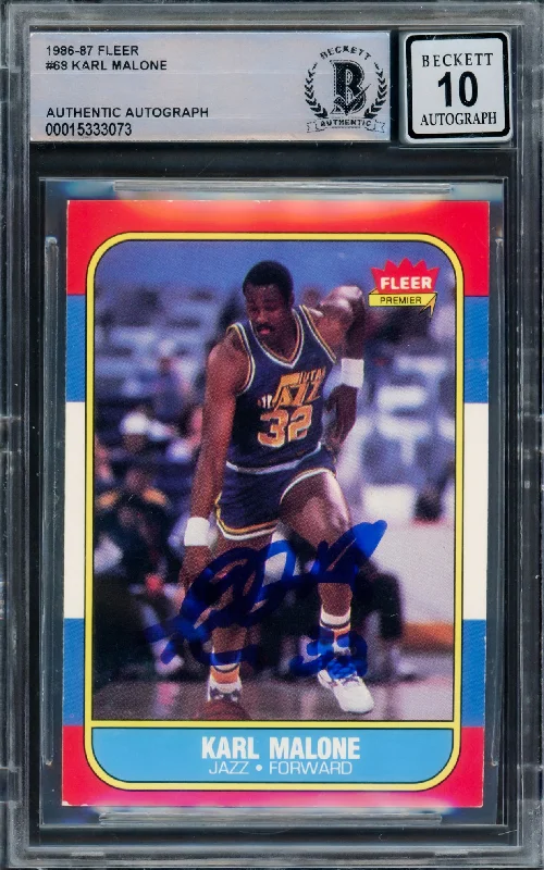 Basketball cards collector-rarity -Karl Malone Autographed 1986 Fleer Rookie Card #68 Utah Jazz Auto Grade Gem Mint 10 Beckett BAS #15333073