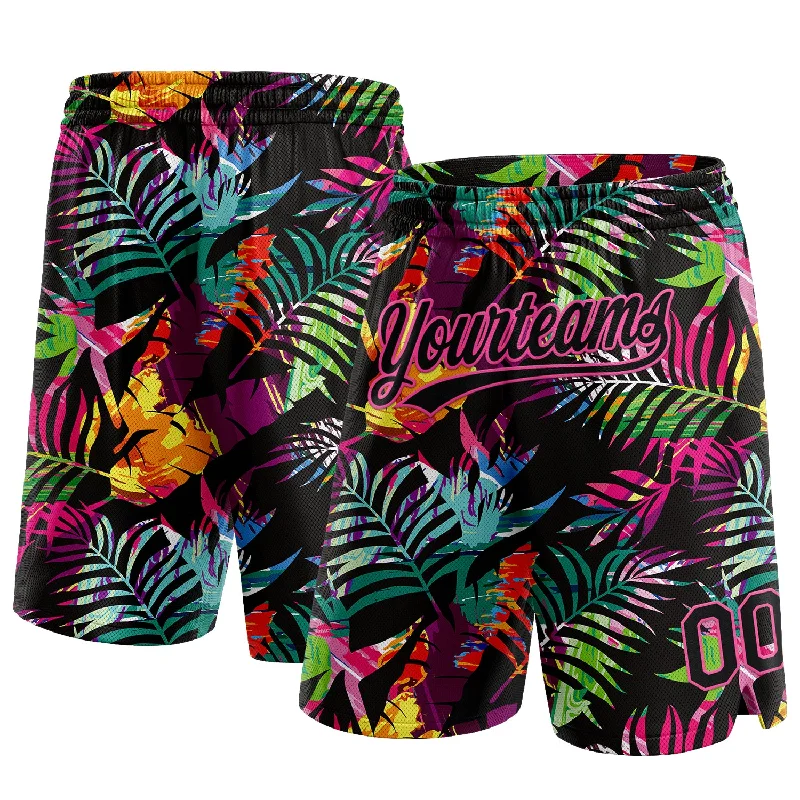 Men's basketball shorts loose fit option -Custom Black Pink 3D Pattern Tropical Palm Leaves Authentic Basketball Shorts