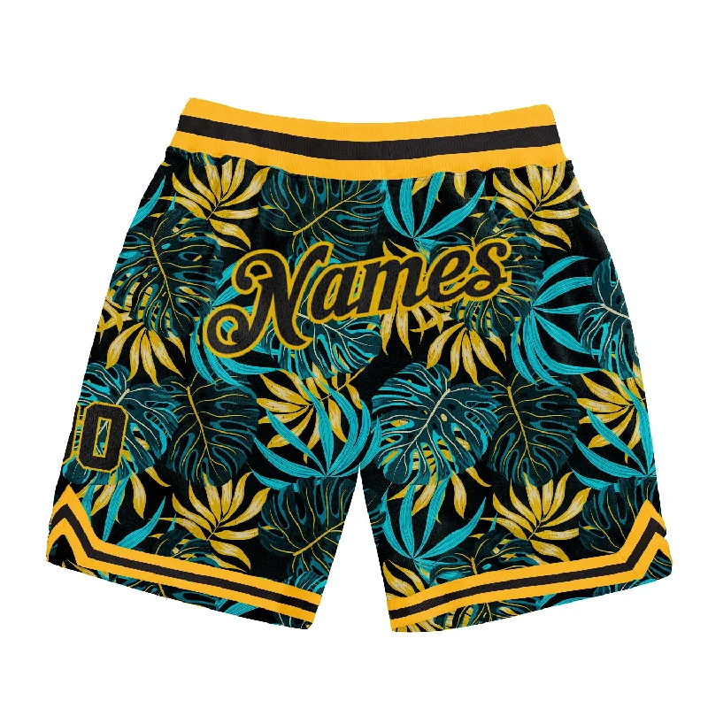 Men's basketball shorts excellent quality -Custom Black Black-Gold 3D Pattern Design Tropical Palm Leaves Authentic Basketball Shorts