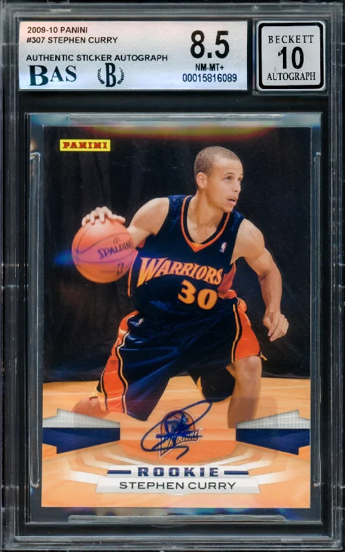 Basketball cards lottery-rarity -Stephen Curry Autographed 2009-10 Panini Rookie Card #307 Golden State Warriors BGS 8.5 Auto Grade Gem Mint 10 Beckett BAS #15816089