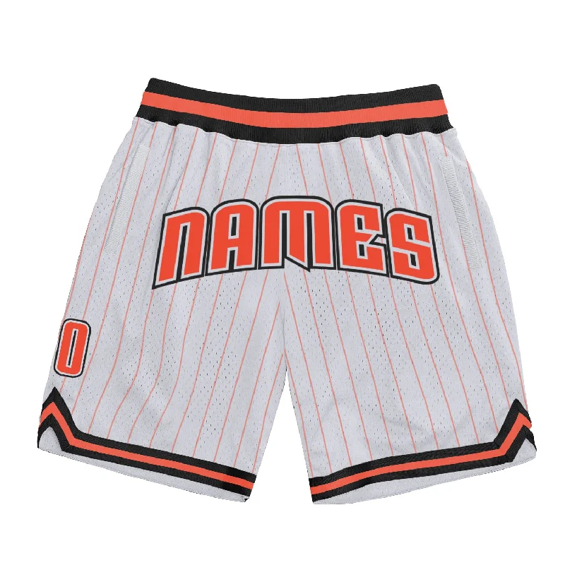 Men's basketball shorts team patches -Custom White Orange Pinstripe Orange-Black Authentic Basketball Shorts