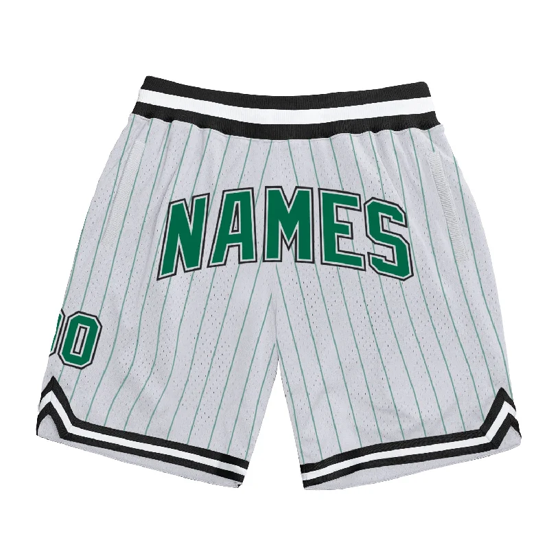 Men's basketball shorts unique style -Custom White Kelly Green Pinstripe Kelly Green-Black Authentic Basketball Shorts