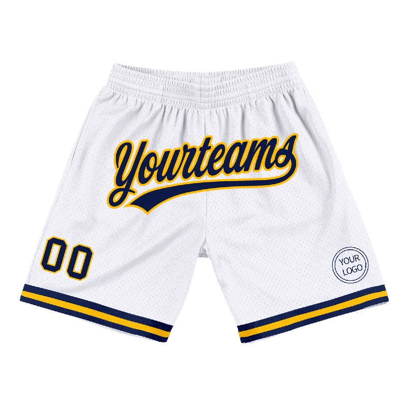 Men's basketball shorts sport outfit -Custom White Navy-Gold Authentic Throwback Basketball Shorts