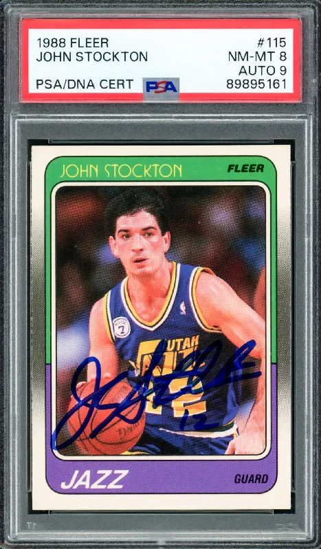 Basketball cards draft-rarity -John Stockton Autographed 1988-89 Fleer Rookie Card #115 Utah Jazz PSA 8 Auto Grade Mint 9 PSA/DNA #89895161