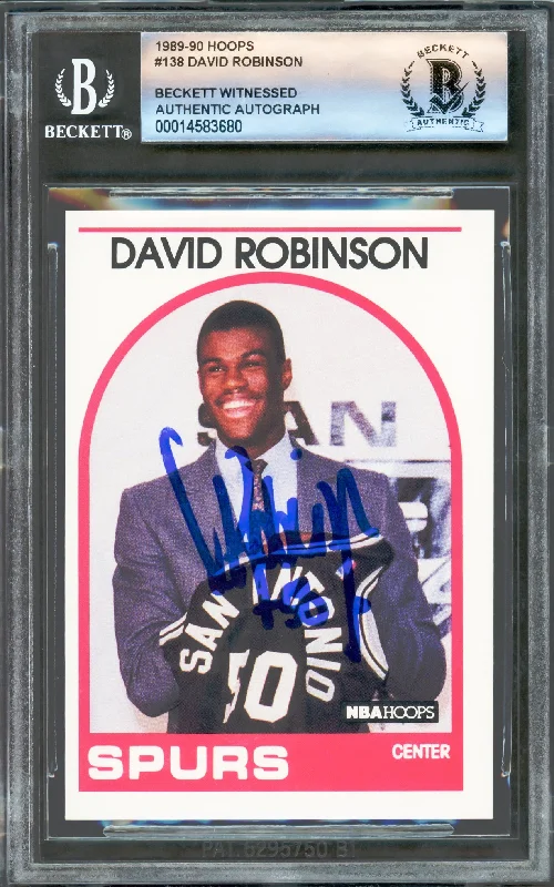 Basketball cards behind-the-scenes-rare -David Robinson Autographed 1989-90 Hoops Rookie Card #138 San Antonio Spurs Beckett BAS #14583680