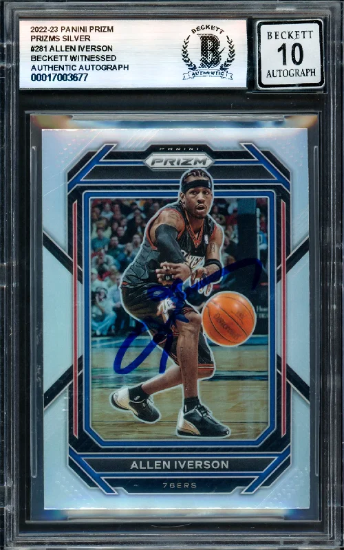 Basketball cards thick-rarity -Allen Iverson Autographed 2022-23 Panini Prizm Prizms Silver Card #281 Philadelphia 76ers Auto Grade Gem Mint 10 Beckett BAS Witness #17003677