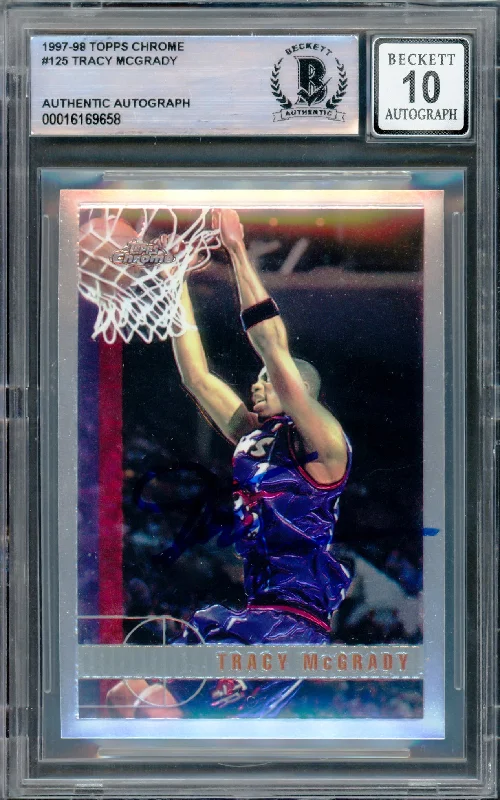 Basketball cards rookie-hype-rarity -Tracy McGrady Autographed 1997-98 Topps Chrome Rookie Card #125 Toronto Raptors Auto Grade Gem Mint 10 Beckett BAS #16169658