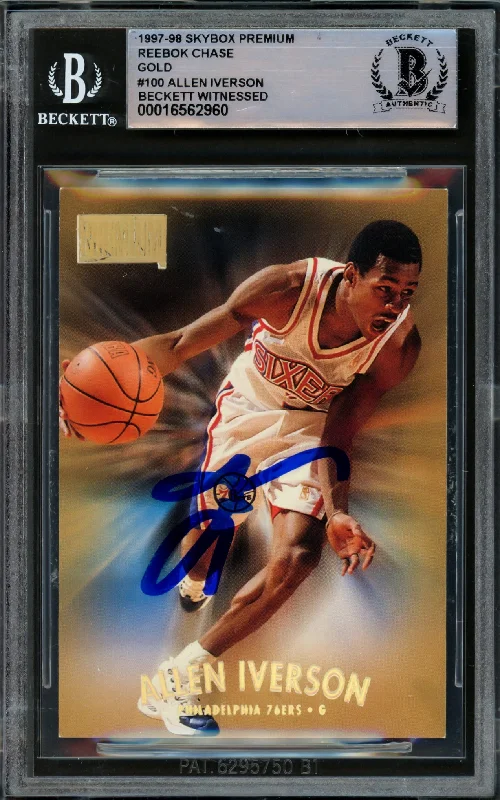 Basketball cards premium-rarity -Allen Iverson Autographed 1997-98 Skybox Premium Reebok Gold Card #100 Philadelphia 76ers Beckett BAS Witnessed #16562960