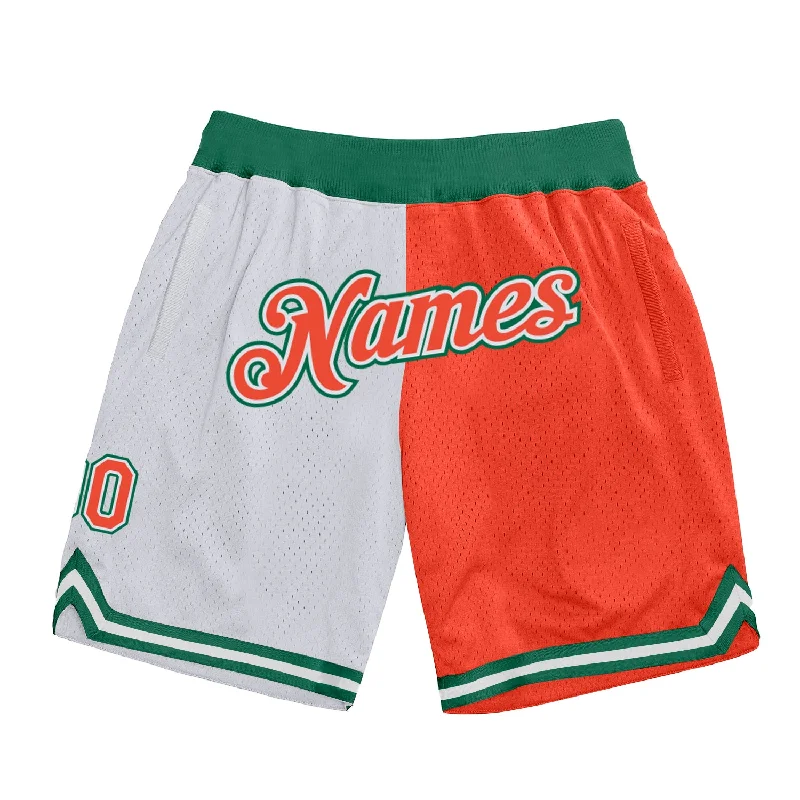 Men's basketball shorts wide size range -Custom White Orange-Kelly Green Authentic Throwback Split Fashion Basketball Shorts