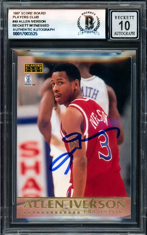 Basketball cards off-court-rarity -Allen Iverson Autographed 1997 Score Board Players Club Rookie Card #49 Philadelphia 76ers Auto Grade Gem Mint 10 Beckett BAS Witness #17003525