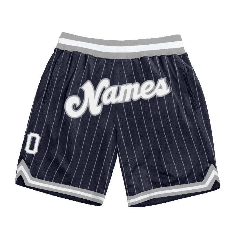 Men's basketball shorts retro vibe -Custom Navy White Pinstripe White-Gray Authentic Basketball Shorts