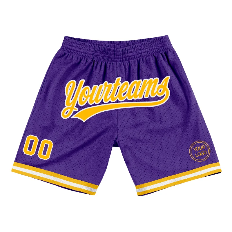 Men's basketball shorts trendy deal -Custom Purple Gold-White Authentic Throwback Basketball Shorts