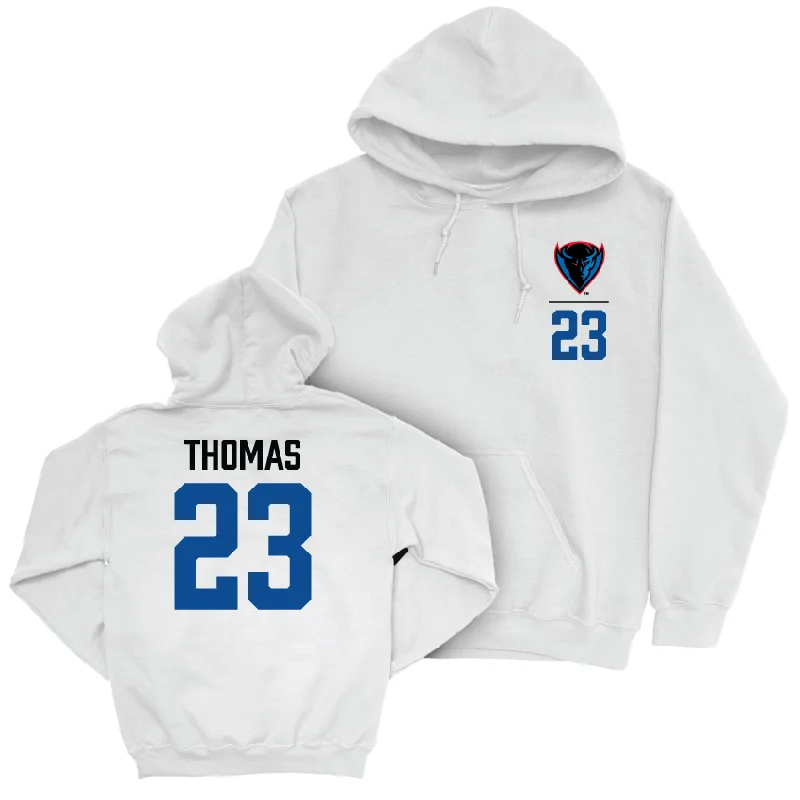 Men's basketball hoodie premium brand -DePaul Men's Basketball White Logo Hoodie - David Thomas | #23