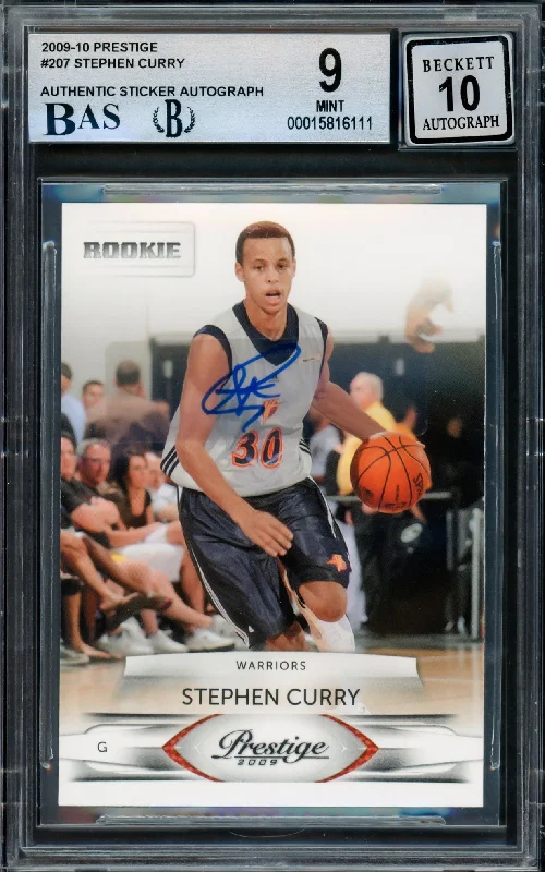 Basketball cards rookie-rarity -Stephen Curry Autographed 2009-10 Panini Prestige Rookie Card #207 Golden State Warriors BGS 9 Auto Grade Gem Mint 10 Beckett BAS #15816111