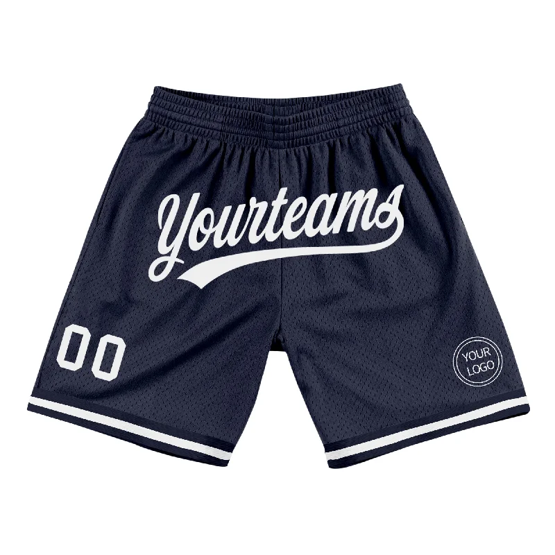 Men's basketball shorts team patches -Custom Navy White Authentic Throwback Basketball Shorts