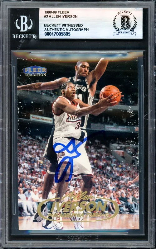 Basketball cards enthusiast-rare -Allen Iverson Autographed 1998-99 Fleer Card #3 Philadelphia 76ers Beckett BAS Witness #17005805